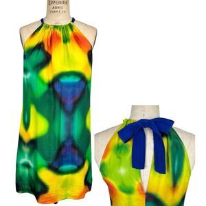 Trina Turk Women Silk Halter Dress Sz 4 Colorful Art-To-Wear Beachy Resort Retro